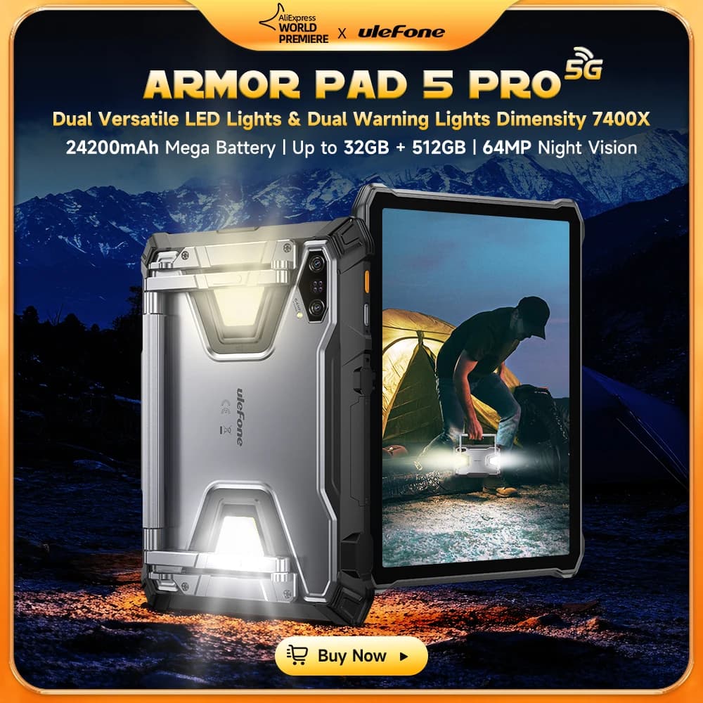 Ulefone Armor Pad 5 Pro 5G Rugged Tablet 24200 mAh  Android 15 Tablet 12GB+20GB RAM ，512GB ROM 64MP 120W GPS NFC
