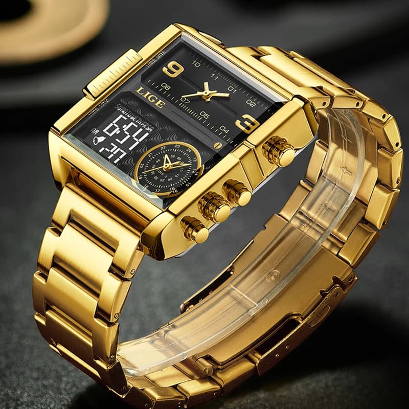 LIGE New Top Brand Luxury Fashion Men Watches Gold Steel Sports Square Digital Analog Big Quartz Watch for Man relogio masculino - 3