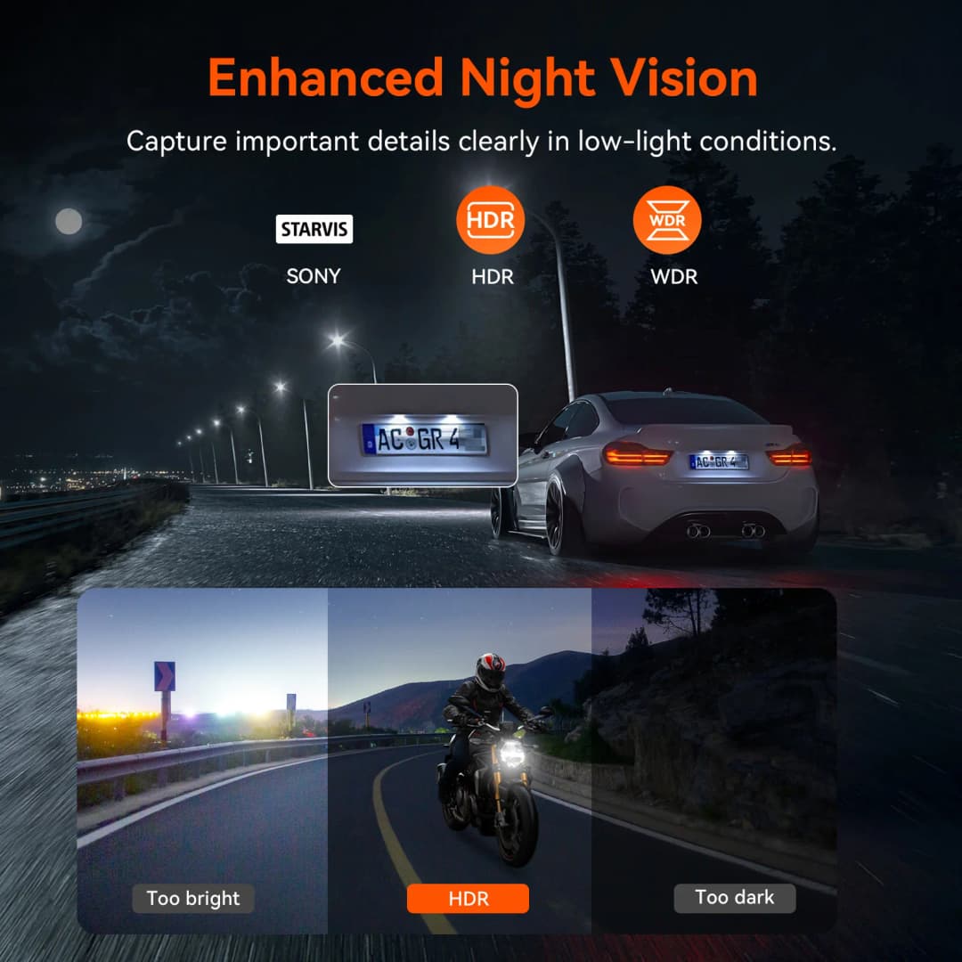 Vantrue F1 كاميرا دراجة نارية بدقة 4K، كاميرا أمامية وخلفية، GPS، مقاومة للماء، واي فاي، زاوية واسعة 160 درجة، وضع وقوف السيارات 24 ساعة، وحدة تحكم سلكية - 3