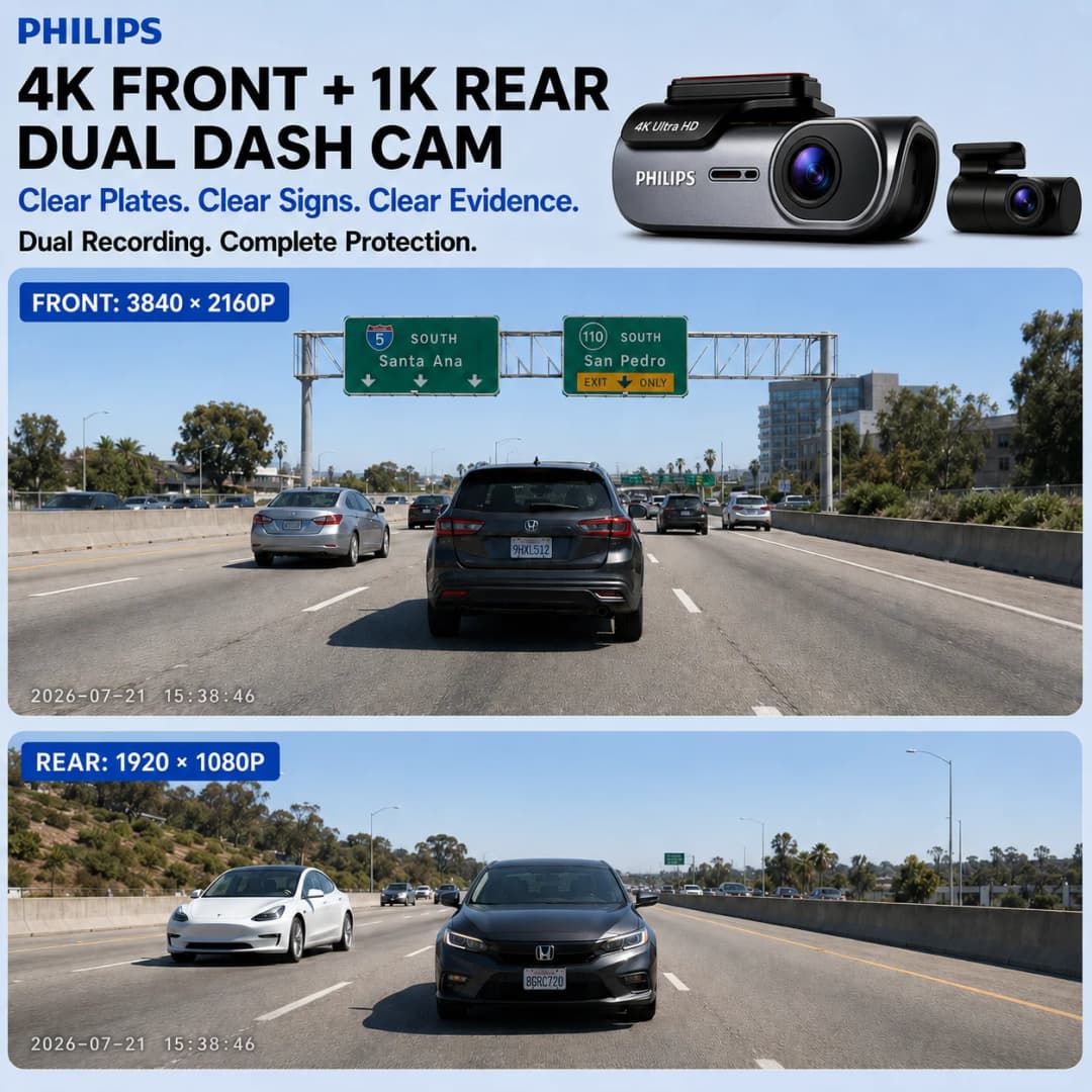 PHILIPS Dash Cam B07 4K+1K HDR Dual Front Rear Camera 2.4G & 5.8G WiFi APP GPS Support 24H Parking Monitor Night Vision Car DVR - 2