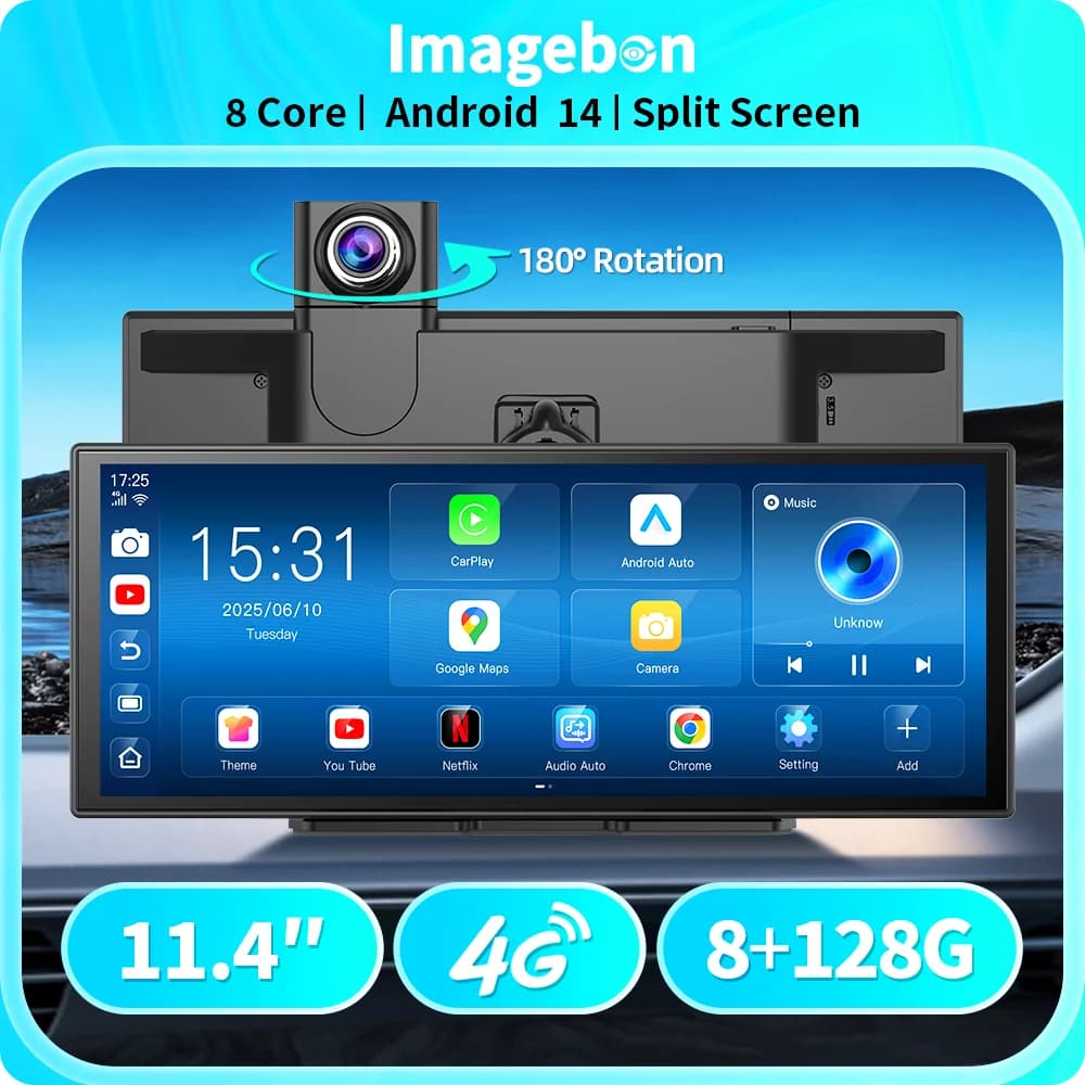 Imagebon M70 شاشة 11.4 بوصة 4G أندرويد 14 سعة 8+128 جيجابايت كاميرا سيارة 8 نواة كاربلاي لاسلكي و أندرويد أوتو شاشة منقسمة مراقبة عن بعد مسجل سيارة