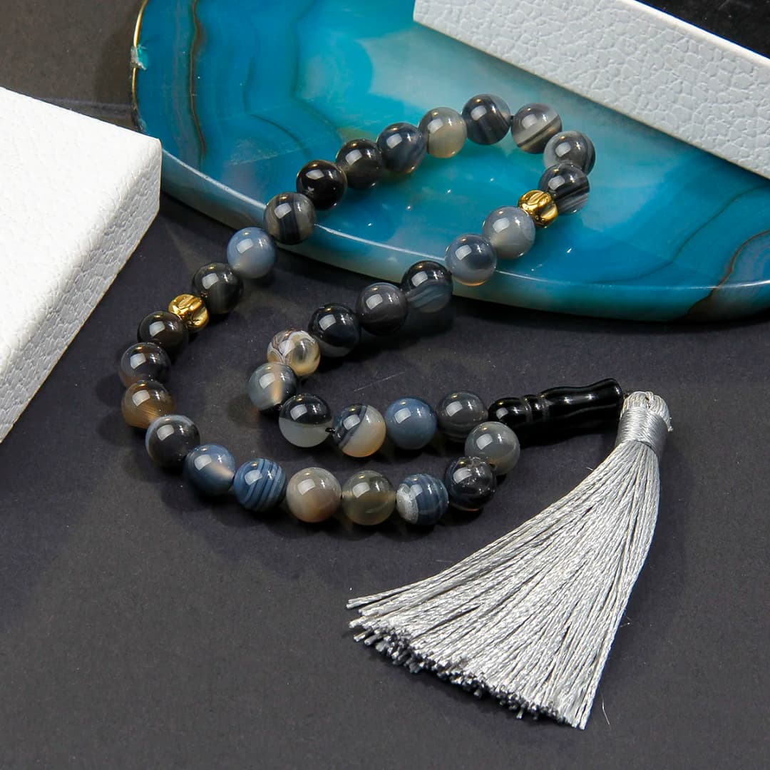 سوار مسبحة حج من حجر العقيق 10 ملم مع قلادة شرابة رائعة، سوار خرز مسلم - 3