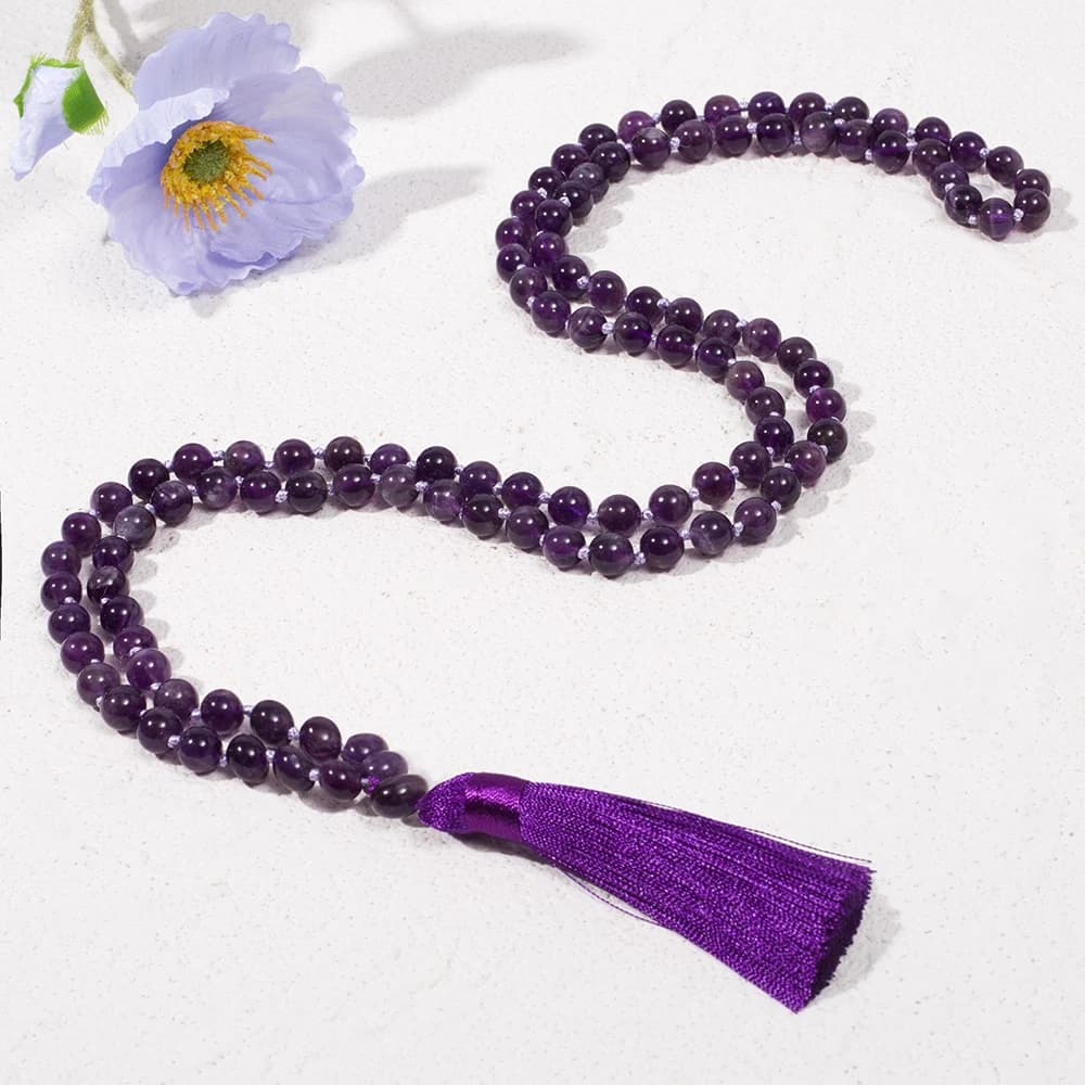 عقد مسبحة من حبات الأميثيست الطبيعية 8 مم معقودة 108 حبة جابا مالا مجوهرات يوجا وتأمل وصلاة للرجال والنساء