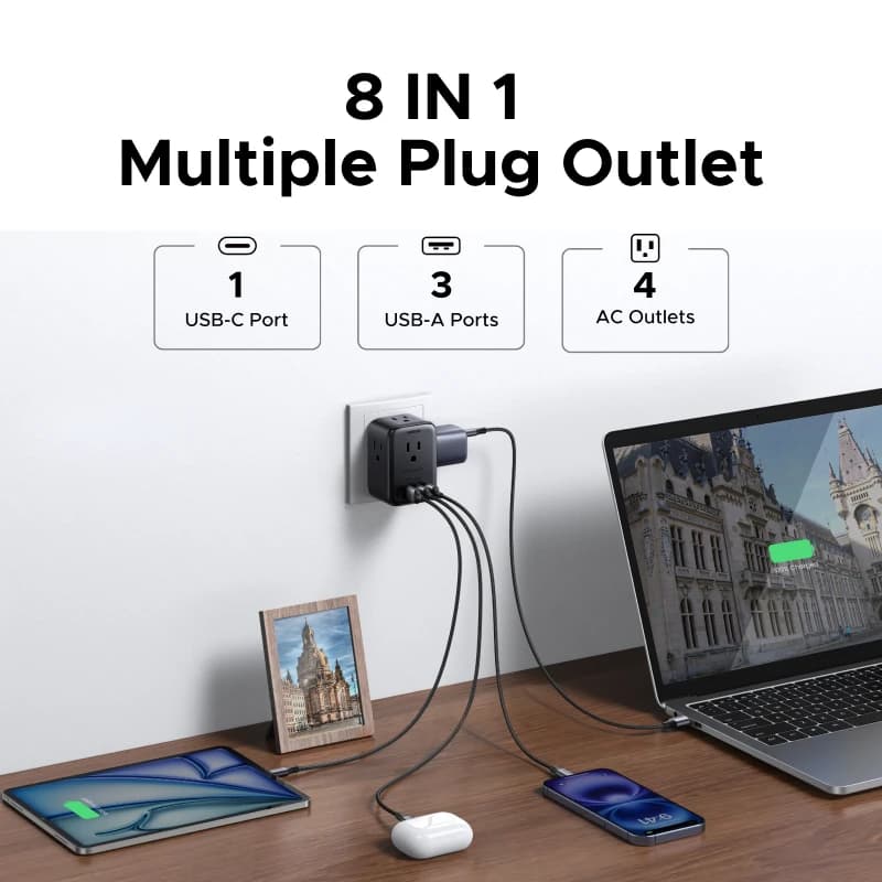 ممدد منافذ كهربائية من UGREEN بقوة 20 واط مع 4 منافذ AC و3 منافذ USB-A ومنفذ USB-C للشحن الجداري للمنزل والمكتب والسفر - 5