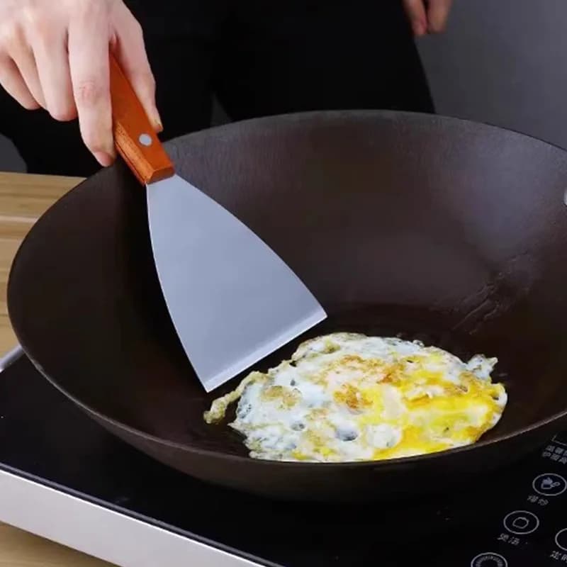 قواطع بيتزا مائلة ملعقة ستيك برجر فطيرة بيتزا كاشطة مجرفة أدوات مطبخ للشواء مقبض خشبي من الفولاذ المقاوم للصدأ - 2