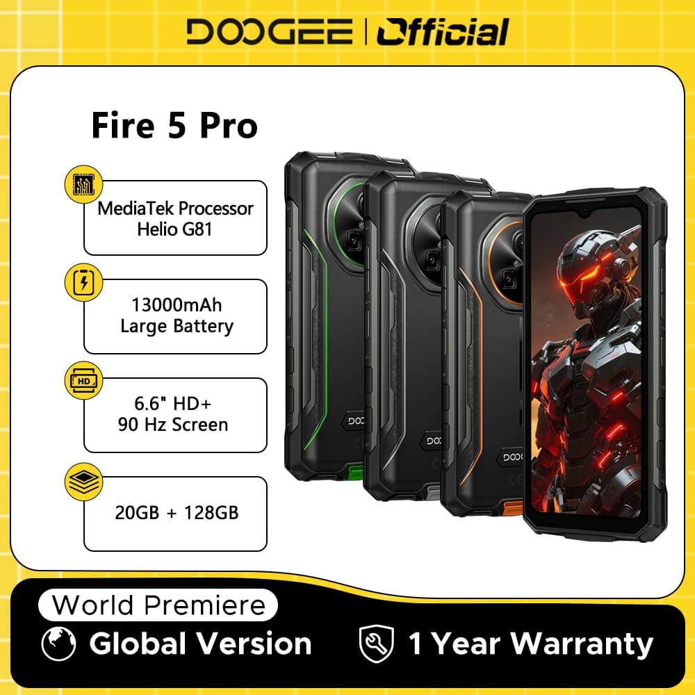 DOOGEE Fire 5 Pro Rugged Phone MTK Helio G81 13000mAh Large Battery 20GB+128GB 6.6" HD+ Display NFC Android 15 Smartphone