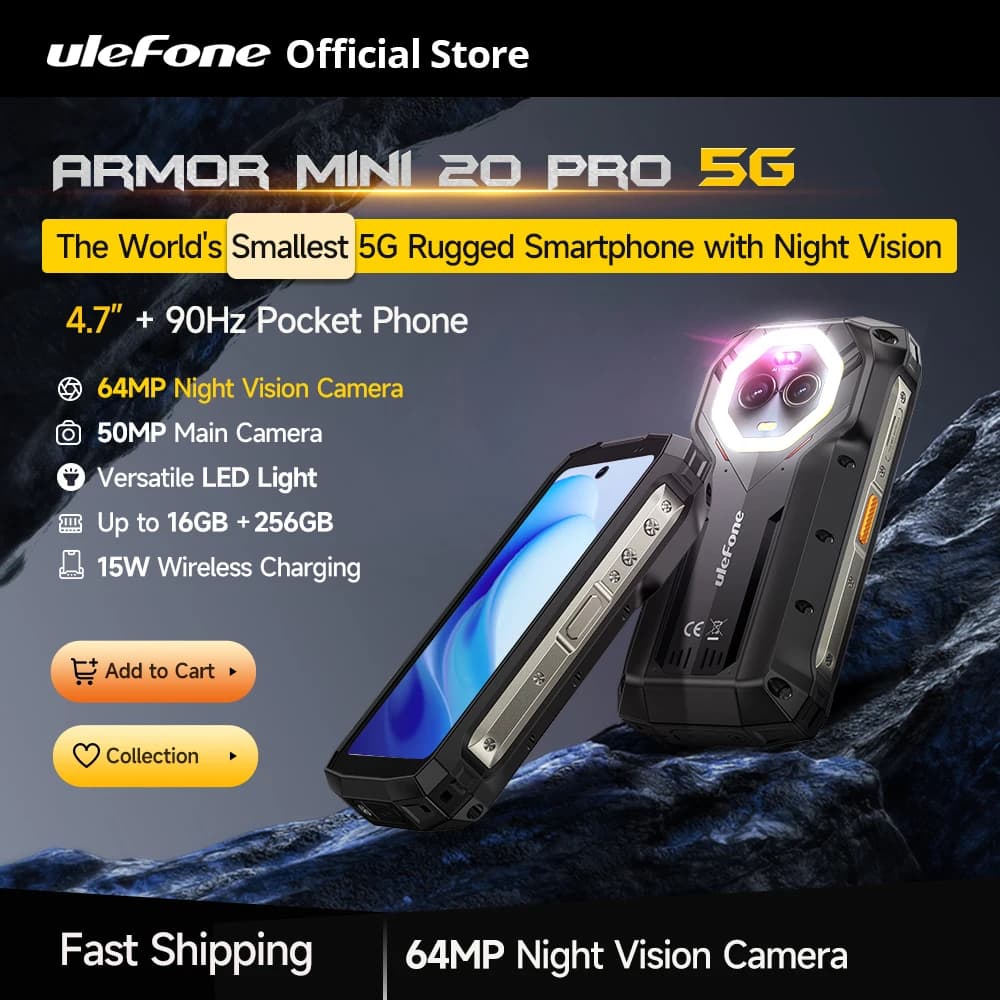 هاتف Ulefone 4.7 بوصة المتين أرمر ميني 20 برو 5G أندرويد 14 بسعة 16+256 جيجابايت مع إضاءة LED وكاميرا ليلية 64 ميجابكسل