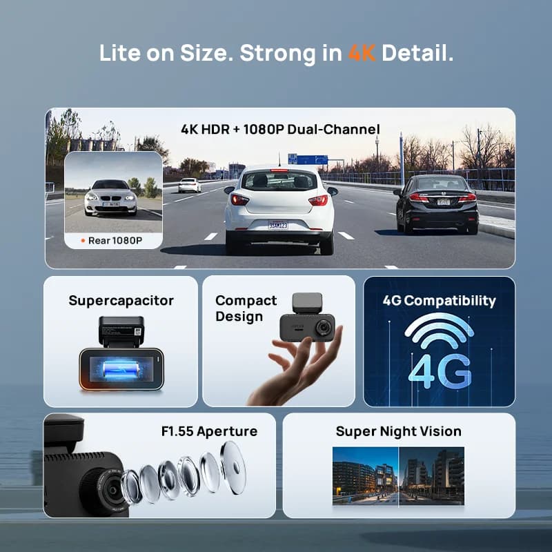 كاميرا سيارة 70mai جديدة أصلية 4K A810Lite HDR مع سوبر كاباسيتور 4G LTE تحكم عن بعد Wi-Fi 6 GPS تحكم صوتي - 2