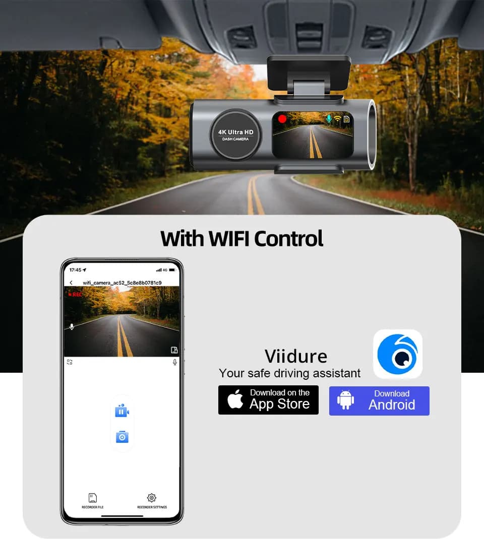 داش كام 4K UHD تسجيل كاميرا سيارة DVR للرؤية الليلية مسجل فيديو المدمج في واي فاي دعم GPS 24H وقوف السيارات - 5