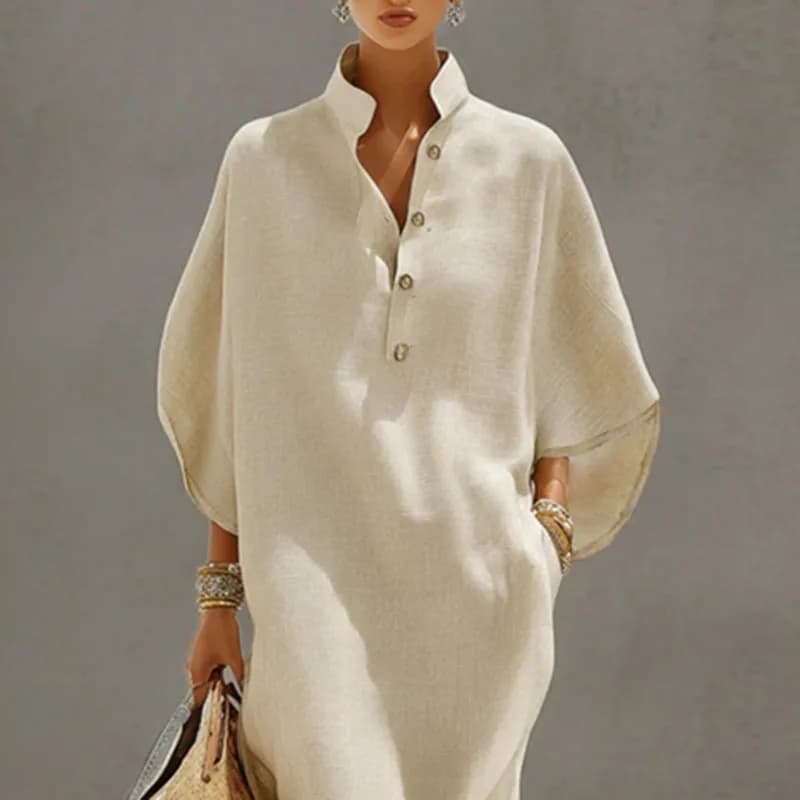Summer Holiday Bohemian Long Dress Women's Sexy Stand Collar Button Elegant Party Dresses Spring Batwing Sleeve Loose Maxi Dress - 4