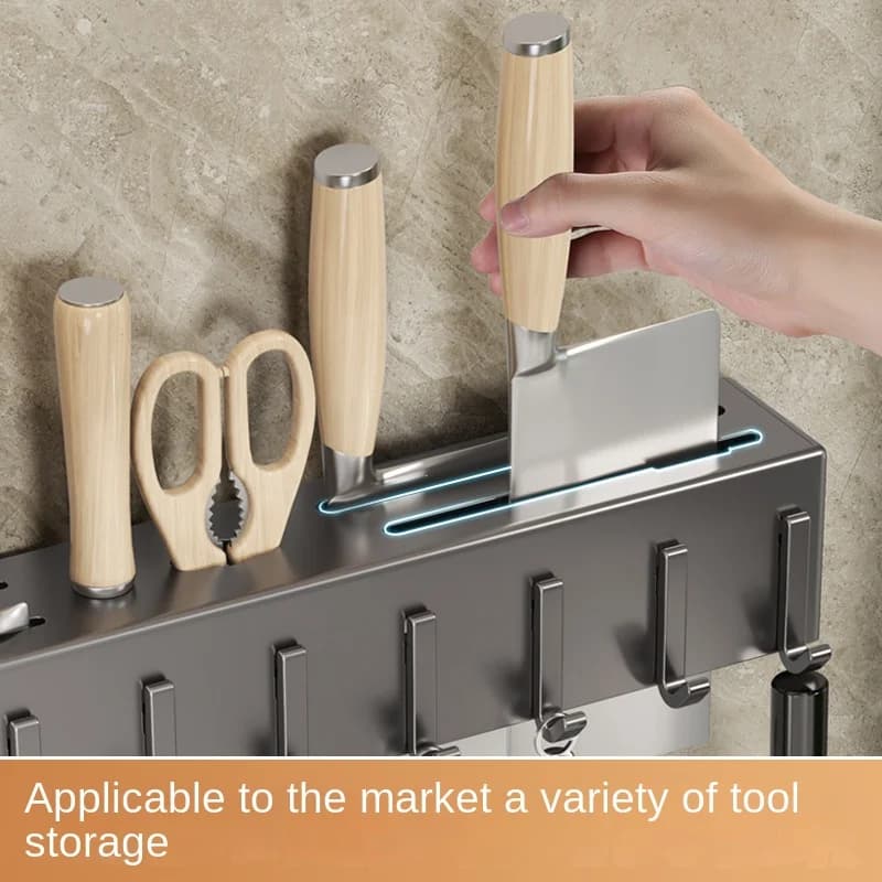 رف مطبخ خالٍ من الأدوات، وإكسسوارات المطبخ، وأنبوب عود متعدد الوظائف مثبت على الحائط، وتخزين للسكاكين والأدوات - 3