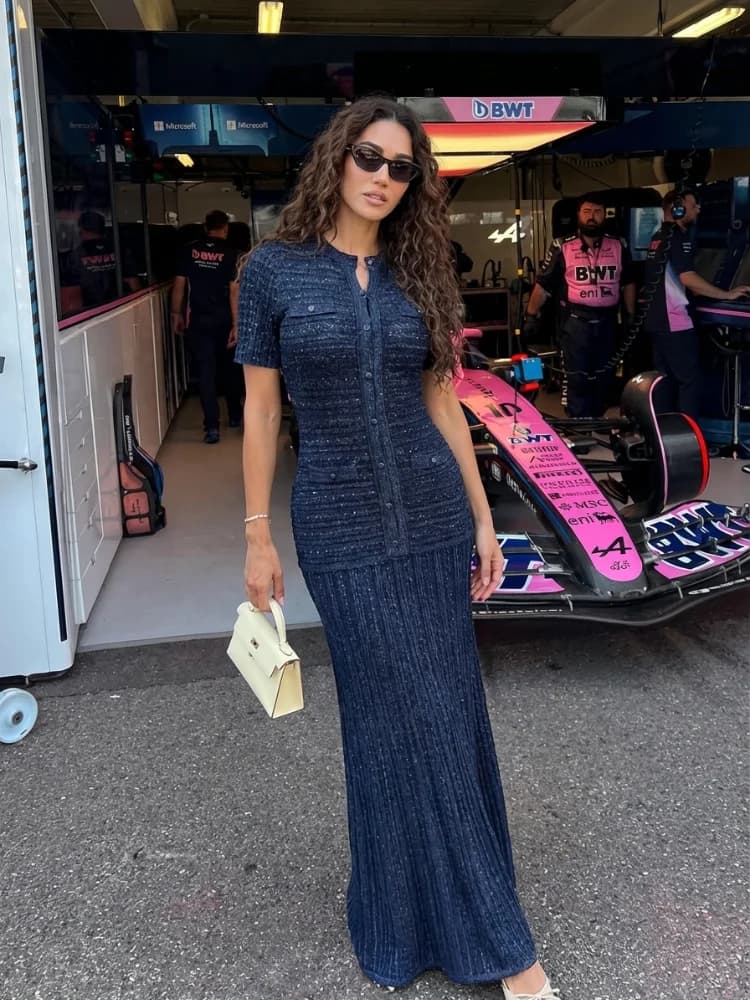 Elegant French Sequin Knit Maxi Dress Women Round Neck Cinched Waist Short Sleeve Button Detail Robe Summer Party Evening Gown - 3