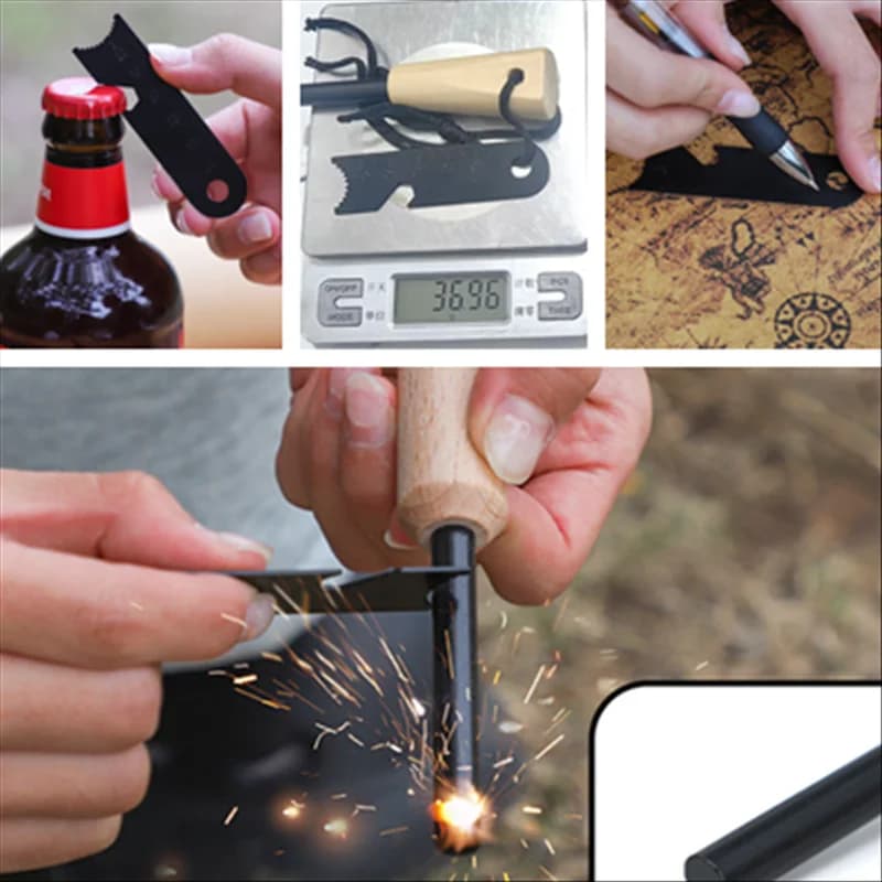 معدات تخييم خارجية محمولة، أدوات بقاء في البرية، عصا مغنيسيوم بمقبض خشبي وحجر صوان