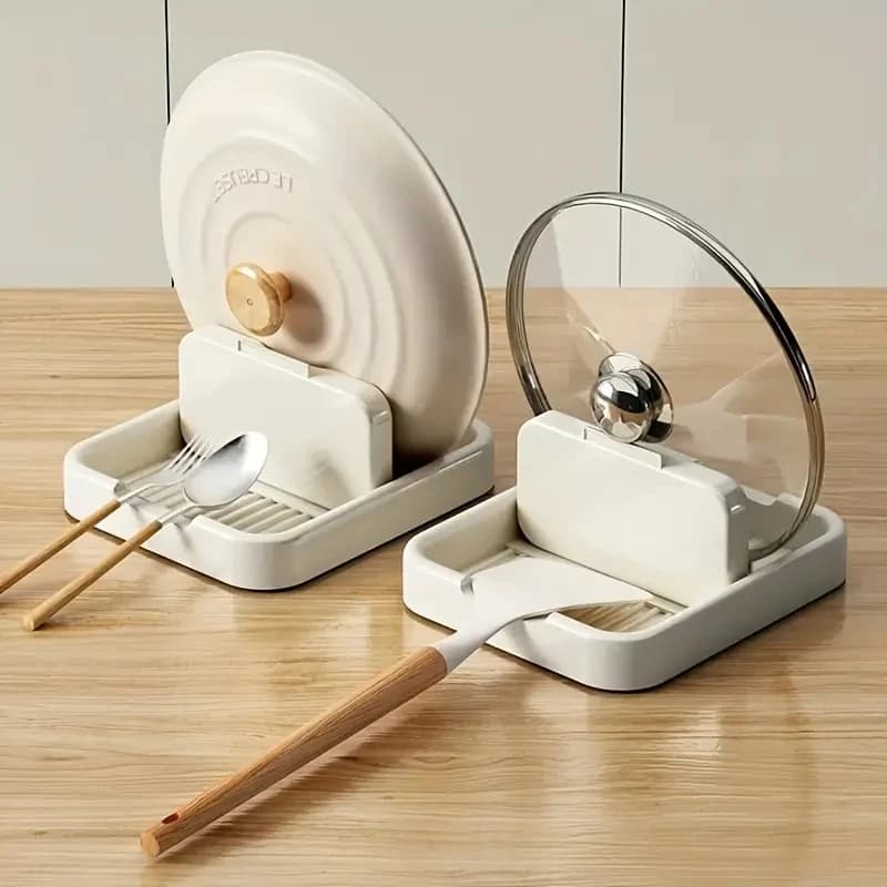 قطعة واحدة حامل غطاء قدر قابل للطي وحامل ملاعق لطحن الموقد والسطح العلوي - رف أدوات طهي مقاوم للحرارة للملاعق - 2