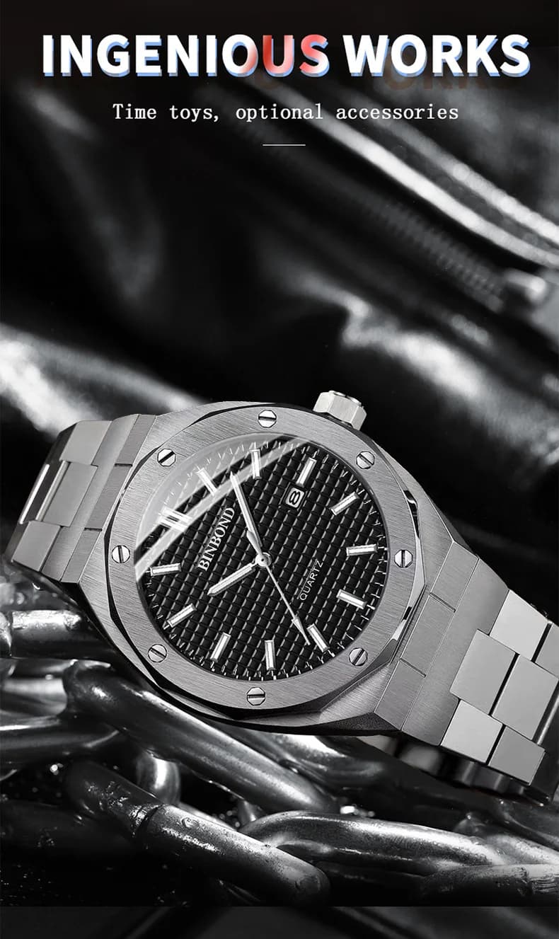 ساعات عادية للرجال من BINBONG، تصميم عصري، ميناء كبير، فولاذ مقاوم للصدأ فضي، تقويم، كوارتز، علامة تجارية رائدة - 3