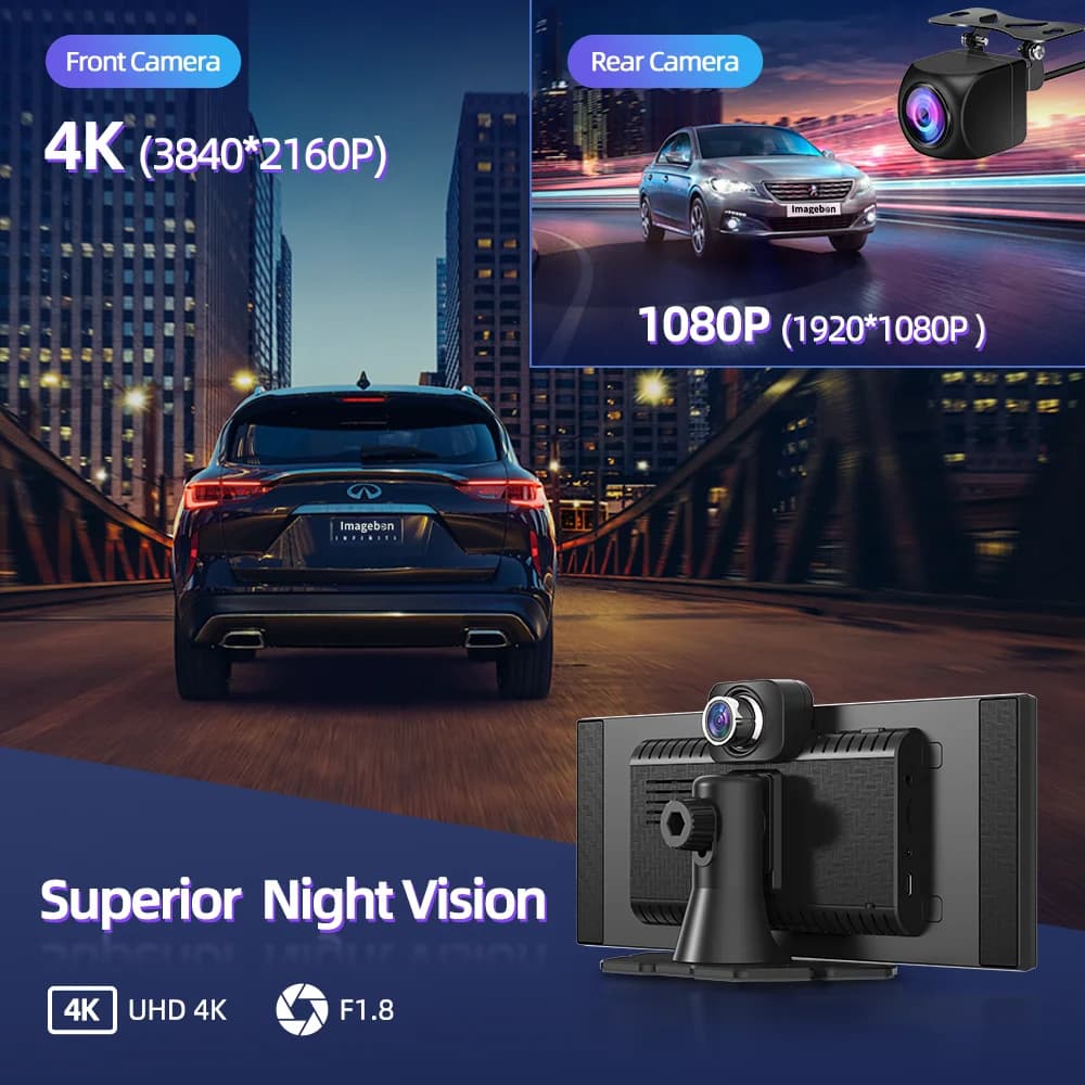 Imagebon H70K شاشة 11.4 بوصة، كاميرا سيارة 4K بدعم كاربلاي اللاسلكي وأندرويد أوتو، تسجيل مزدوج، واي فاي، ملاحة GPS، تحكم صوتي ذكي، رؤية ليلية - 4