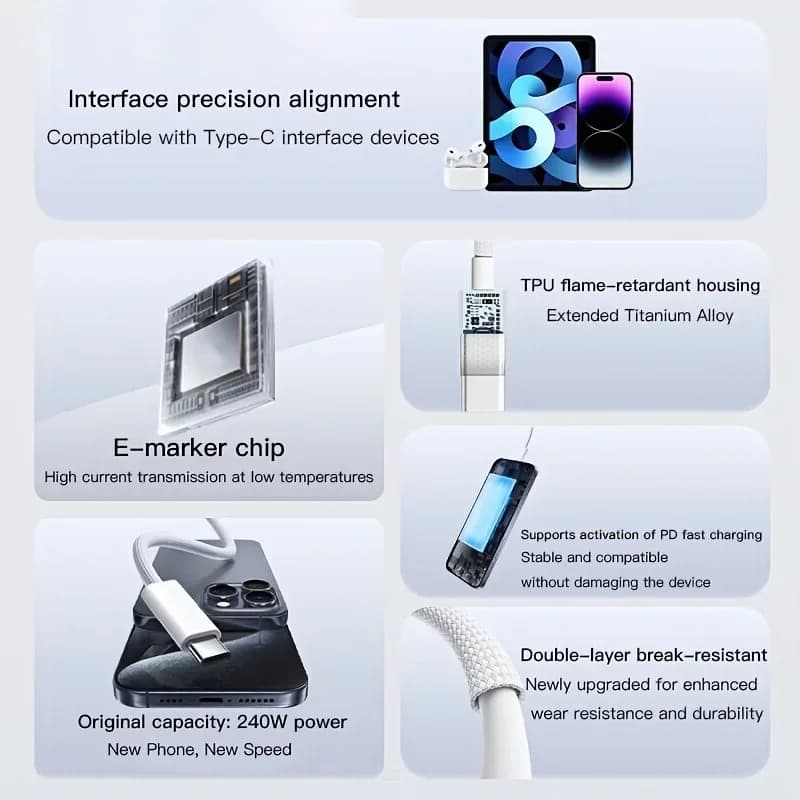 كابل شحن سريع من النوع C إلى النوع C 1-3 قطع لهاتف iPhone 16 و15 Pro Max Plus وXiaomi وSamsung وHuawei كابل بيانات USB C - 3