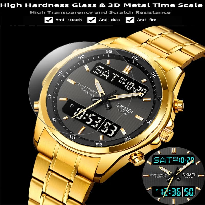 Skmei Mens Quartz Analog Bracelet Watches Luxury Stainless Steel Strap Led Waterproof Digital Sports Three Time Zone Alarm Clock - 6