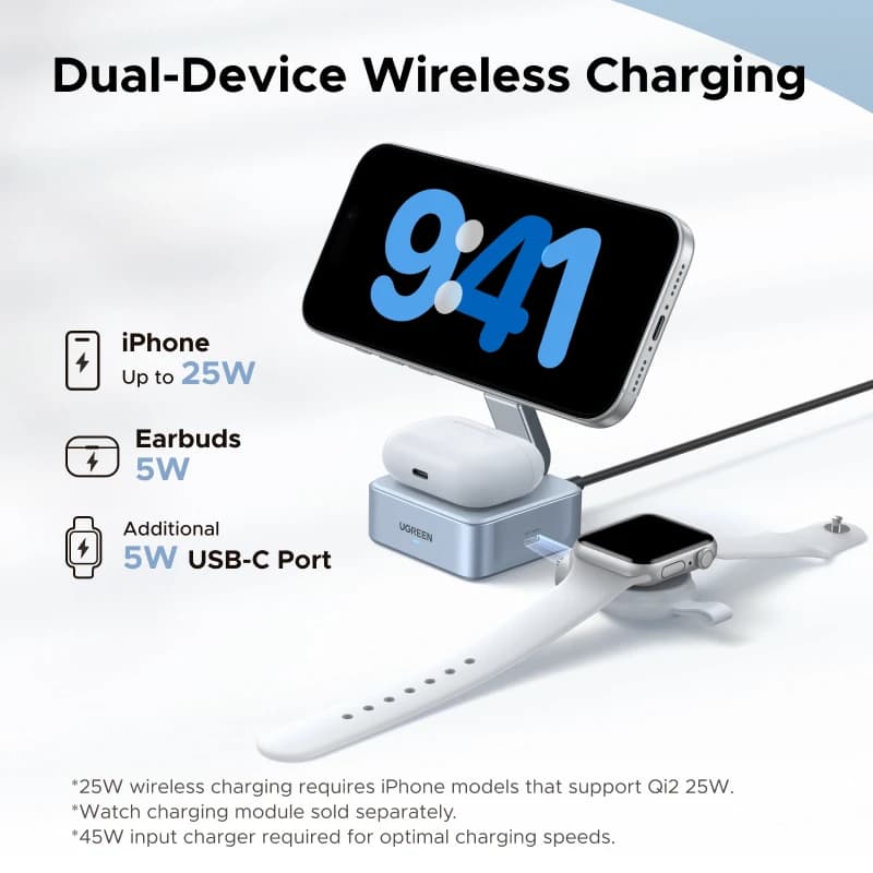 يو جرين Qi2.2 25W 15W 2-in-1 حامل شاحن لاسلكي مغناطيسي شحن سريع حامل شاحن لـ آيفون 16 17/إيربودز شاحن ماج فلو - 3