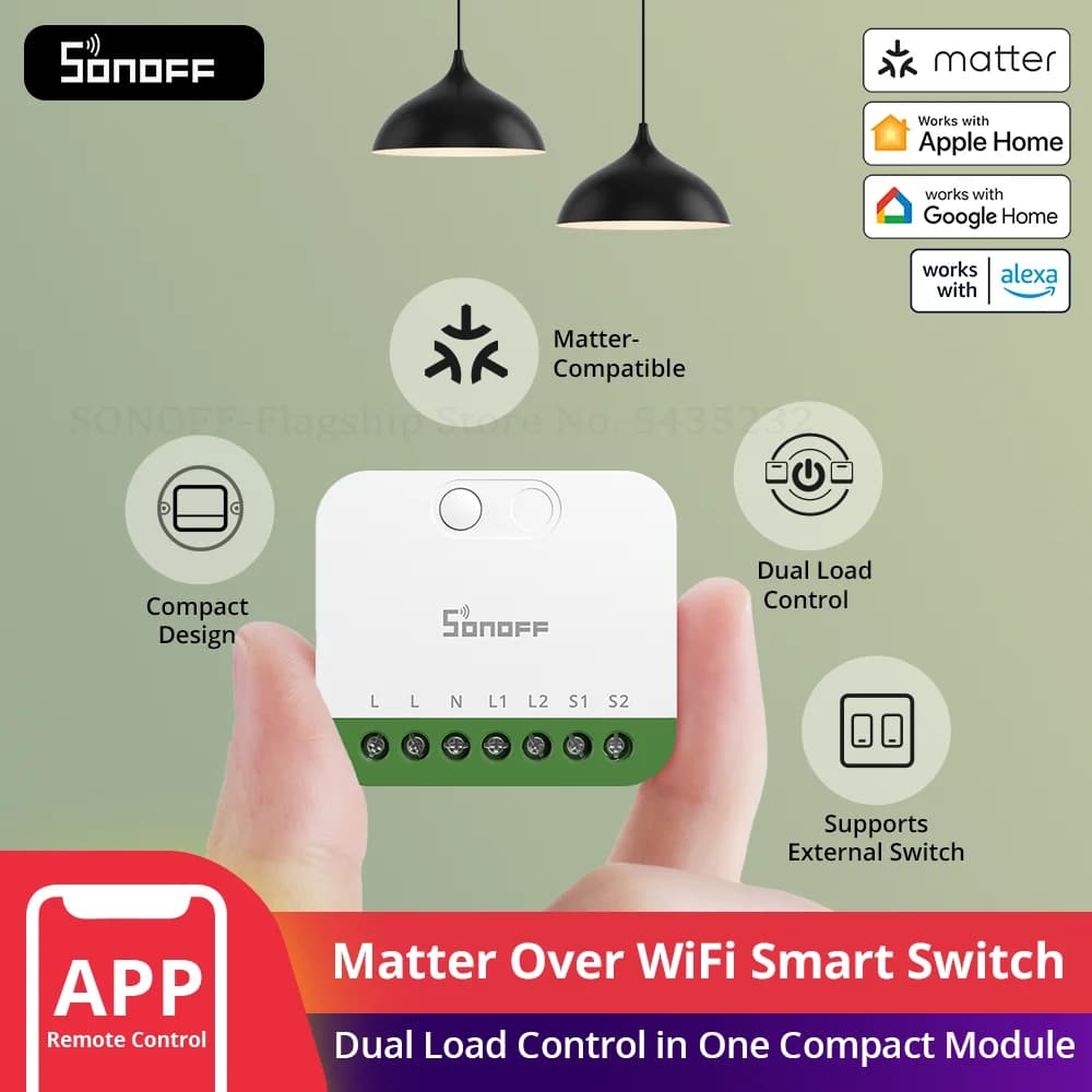 SONOFF MINI-2GS MINI DUO 2-Gang Matter Over WiFi Smart Switch Dual Load Control Detach Relay Mode Compatible Alexa Apple Home