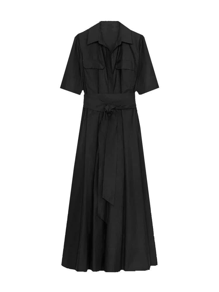 فستان ميدي بأكمام قصيرة، طية صدر السترة، تصميم أنيق، خصر ضيق، فستان طويل للحفلات والمساء - 5