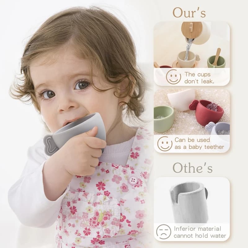 Wooden Children Montessori Toy Teapot Teacup Simulation Kitchen Utensil  BPA Free Silicone Kid Education Pretend Play Toy Gift - 2