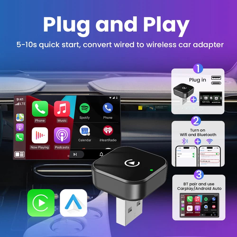 2 in1 Wired to Wireless CarPlay Android Auto  Adapter Smart Mini Box Plug & Play 5GHz WiFi For Audi Benz Volvo Toyota Skoda VW - 2