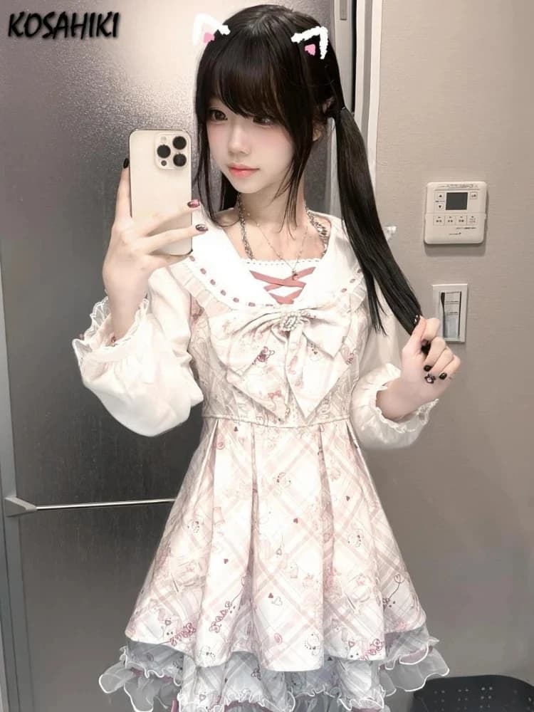 Japanese Y2k Dress Women Sweet Print Bow Vestidos Fake Two Pieces Lace Patchwork Fairy Dress 2026 Kawaii Grunge Vintage Dresses