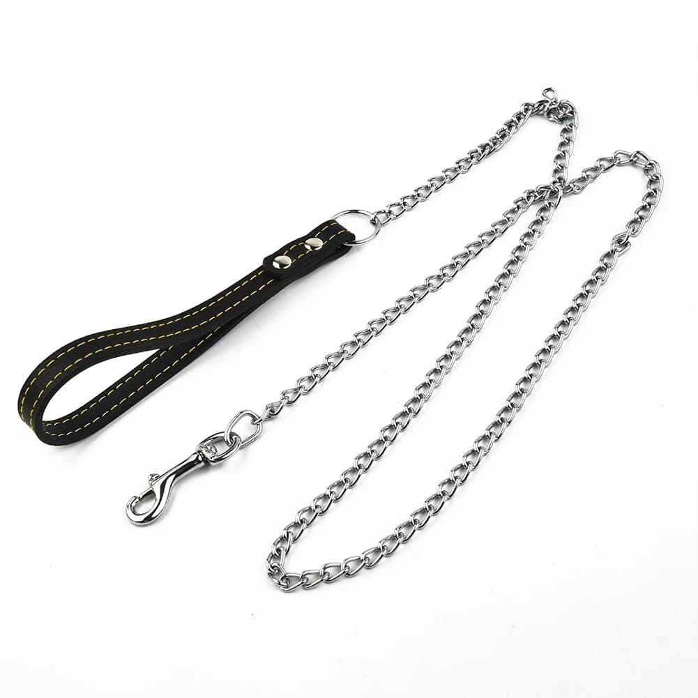 Metal Chain Dog Leash Leather Handle dog collar Dog walking rope Pets Supplies Durable strong control - 4
