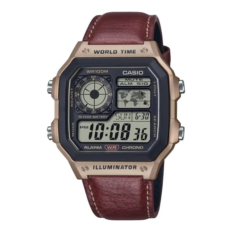 Casio AE-1200WHL-5A Vintage Royale Square Watch, World Map Display Multi-Time 4 Cities LED Light 1/100 Sec Stopwatch ﻿ ﻿ ﻿ - 6