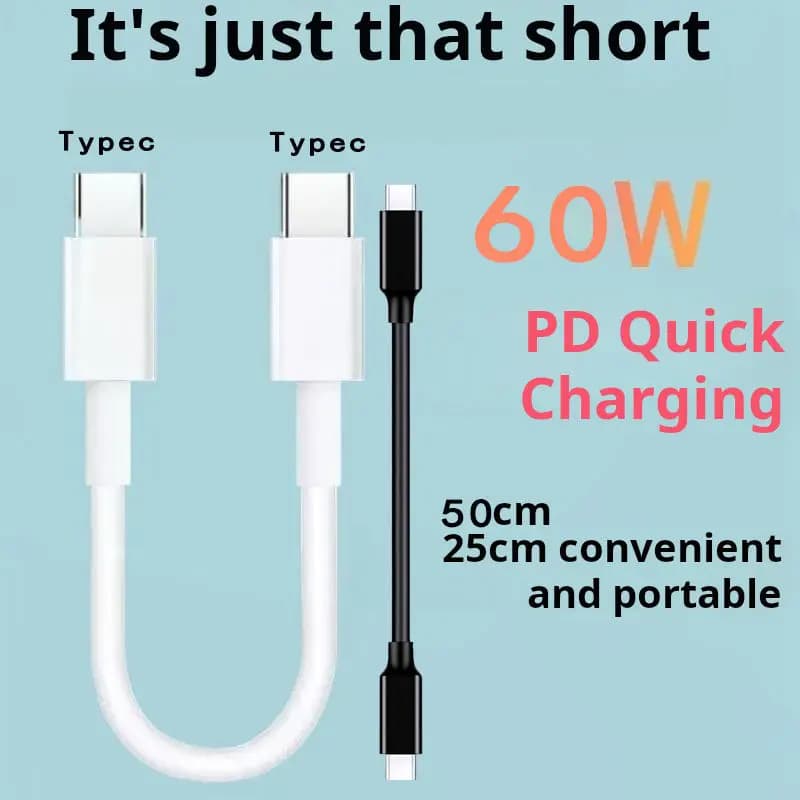 كابل شحن سريع مزدوج PD 60W USB C إلى Type-C قصير 0.25/0.5m لهواتف آيفون هواوي سامسونج شاومي ماك بوك آيباد خط بيانات