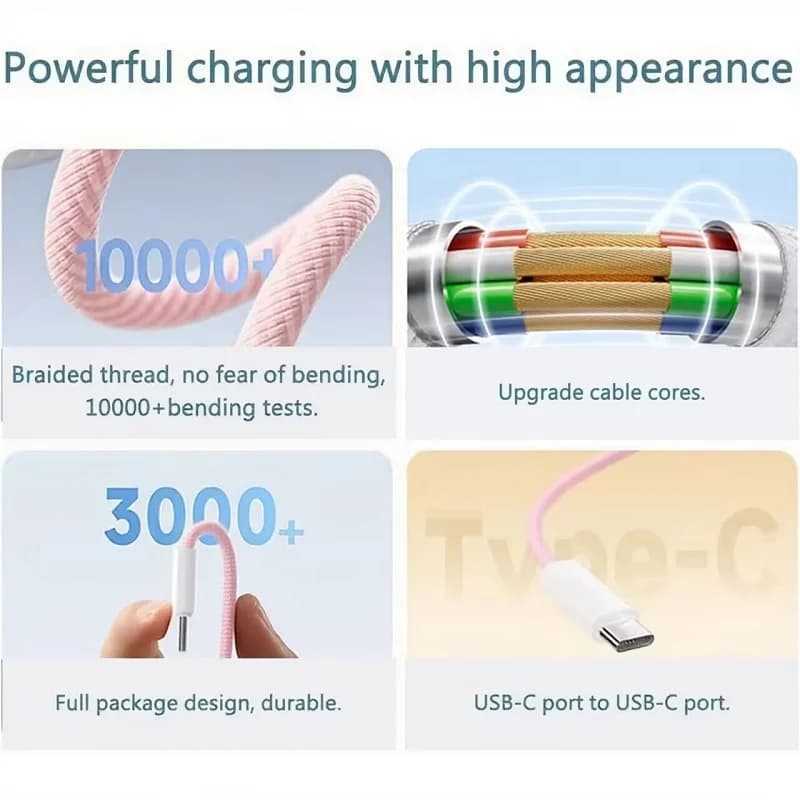كابل شحن سريع من النايلون المضفر USB-C إلى USB C بقوة 60 واط لهواتف iPhone 17 و16 و15 /Pro Max ومتوافق مع أجهزة Samsung Type C - 4