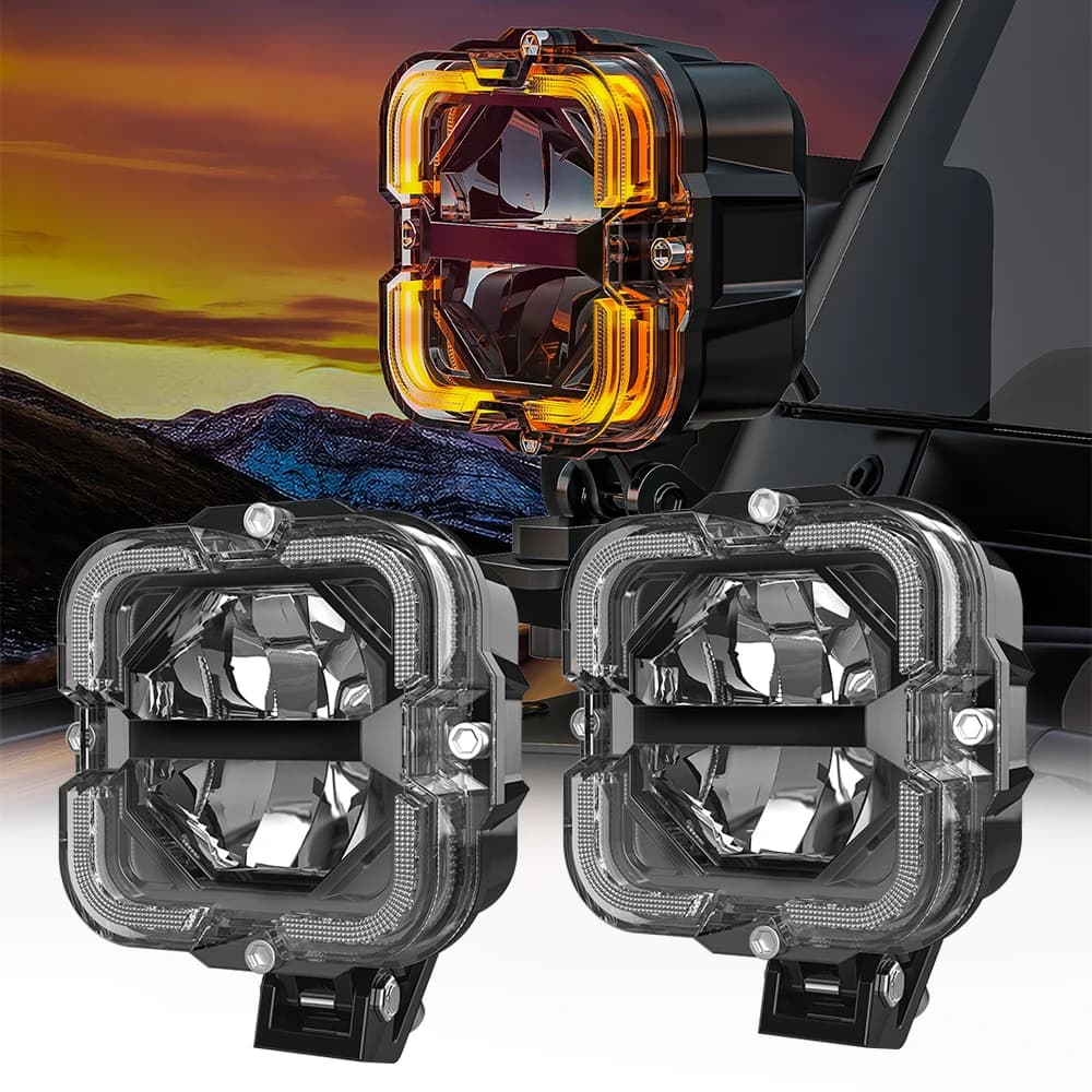 إضاءة عمل LED مربعة 12V 24V للسيارة والدراجات النارية على الطرق الوعرة، مصباح ضباب، شريط إضاءة مع أضواء بقعة عيون الملاك، إضاءة مساعدة