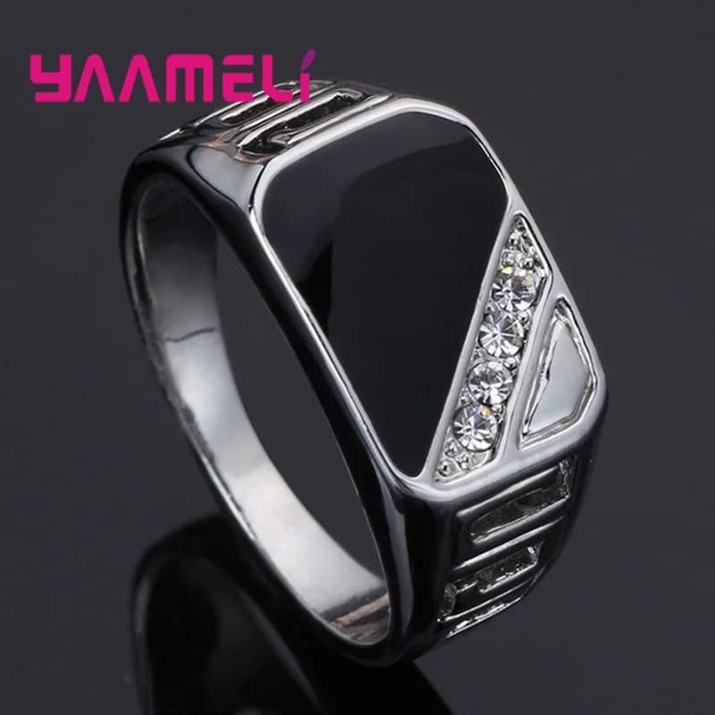 Classic Male Mens Wide Band Ring Unique 925 Sterling Silver Plated White Black Rhinestone Square Statement Hip Hop Jewelry - 4