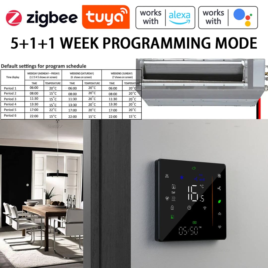 تحكم ذكي في درجة الحرارة من Tuya ZigBee بشاشة رقمية، ترموستات Hvac بثلاث سرعات للتبريد والتدفئة، للتحكم في مكيف الهواء - 4