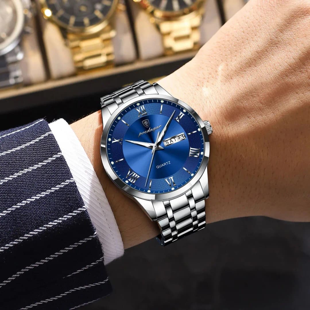 POEDAGAR Luxury Man Clock Waterproof Luminous Week Date Fashion Men's Wristwatch Stainless Steel Business Quartz Watches For Men - 5