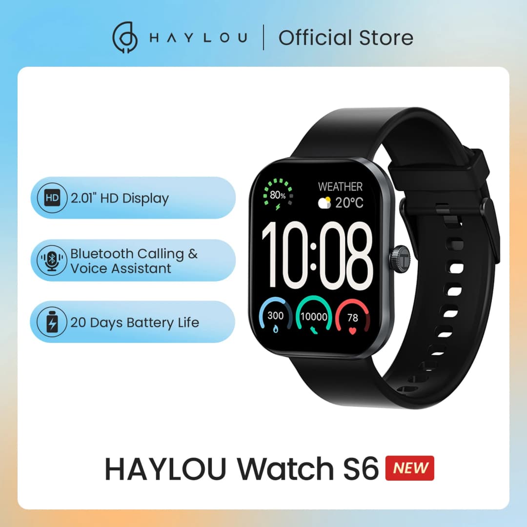 ساعة HAYLOU Watch S6 الذكية بشاشة 2.01 بوصة عالية الدقة، مكالمات صوتية عبر البلوتوث، مقاومة للماء بمعيار IP68، تتبع اللياقة البدنية