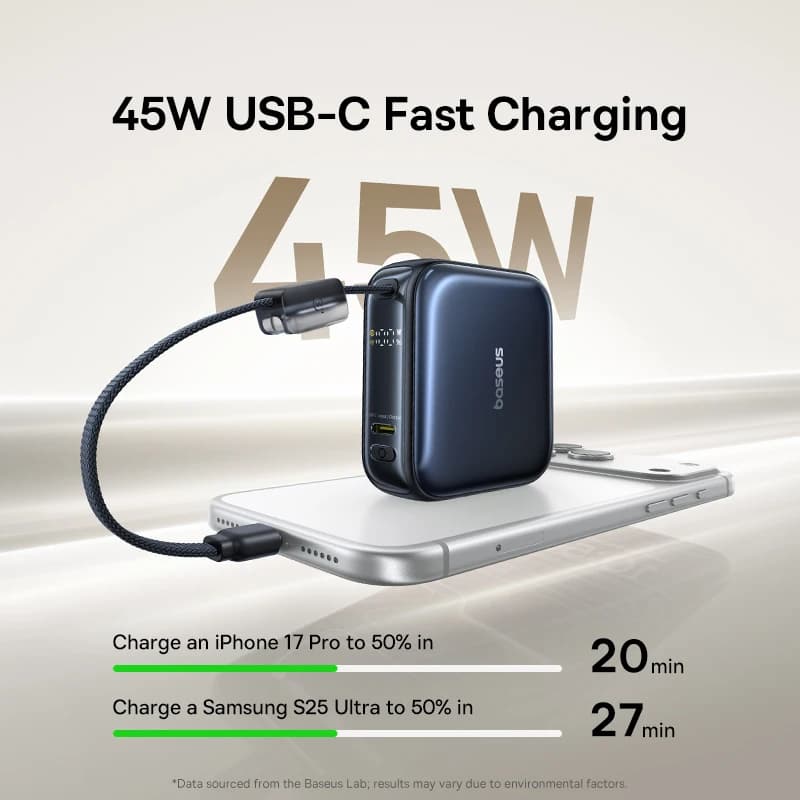 بنك طاقة Baseus ميني 45 واط 10000 مللي أمبير، كابل USB-C مدمج، حجم صغير، شحن سريع محمول لهاتف آيفون 17 وسامسونج S25 - 3