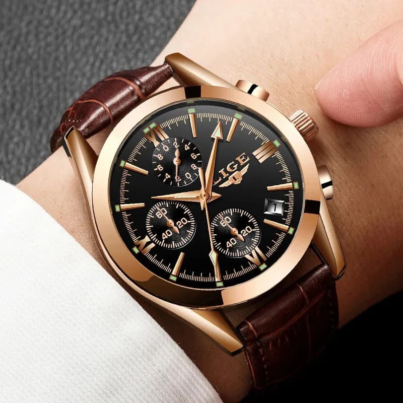 LIGE New Fashion Men's Watches Top Brand Luxury Casual Military Leather Quartz Man Watch Business Waterproof Sports Chronograph - 6