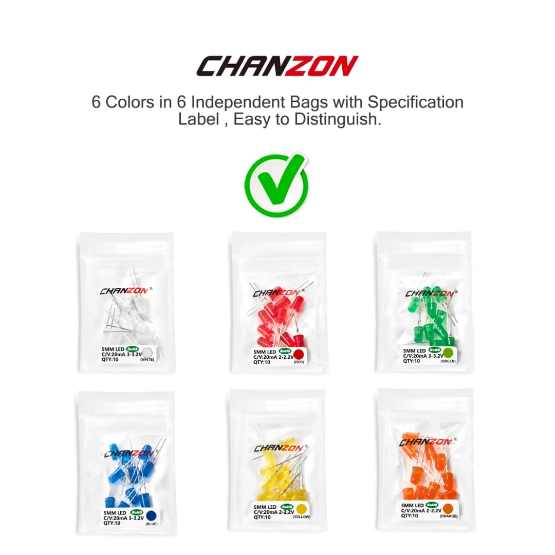 مجموعة ثنائي باعث ضوء منتشر 5 مم أبيض أحمر أخضر أزرق أصفر برتقالي 2V 3V لمبة مجموعة متنوعة من الأضواء الباعثة DIY Arduino دائرة PCB - 5