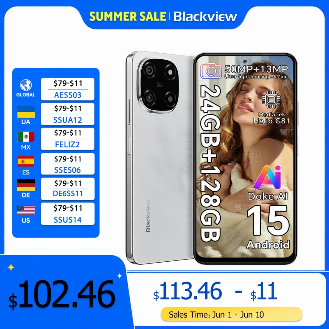 هاتف بلاك فيو كولور 6 الذكي بشاشة 6.67 بوصة، معالج MTK G81، ذاكرة وصول عشوائي 8 جيجابايت، ذاكرة داخلية 128 جيجابايت/256 جيجابايت، كاميرا 50 ميجابكسل، بطارية 5000 مللي أمبير، أندرويد 15