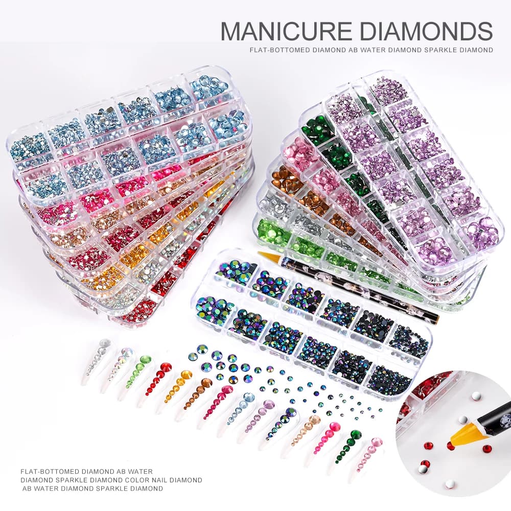2pcs/Set Nail Art Rhinestones Kit 12Grids Flatback Crystal Clear AB Drills With Pen DIY Manicure Nail Art Decoration Accessories - 2