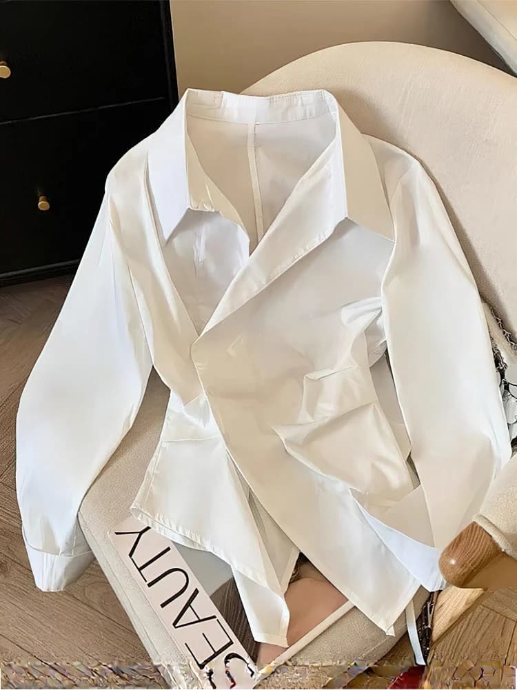 قميص بولو طويل الأكمام غير منتظم للسيدات، تونيك أبيض أنيق، بلوزة أساسية، ملابس عمل عصرية - 4