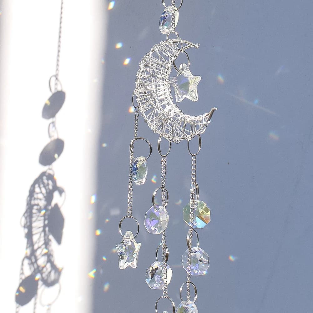 Moon Hanging Crystals Suncatcher Prism Wind Chimes Crescent Star Glass Bead Eye-catching Rainbow Maker Window Pendant Home Decor - 3
