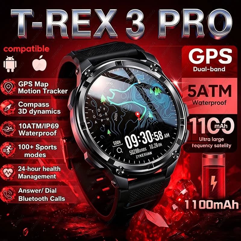 جديد T-Rex3 Ultra بطارية 1100mAh ساعة ذكية مع GPS ومسار وبوصلة ومقاومة للماء IP69K لتتبع الرياضة في الهواء الطلق وساعات ذكية عسكرية