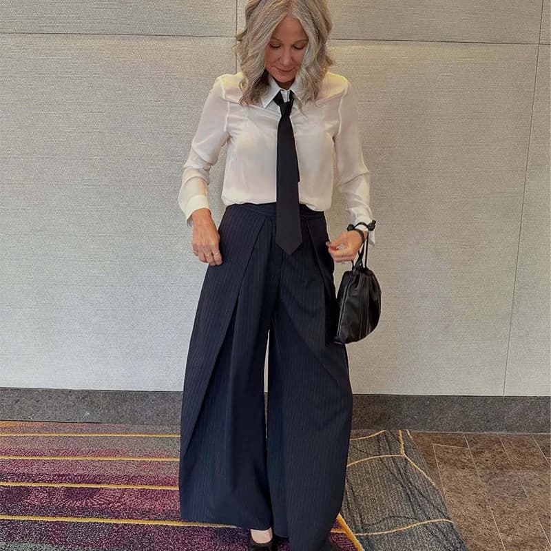 HXAO Women's Pants Baggy Wide Pants For Woman Minimalist Pleated Stripe Casual Pants Women Office Green Oversize Suit Trousers - 4