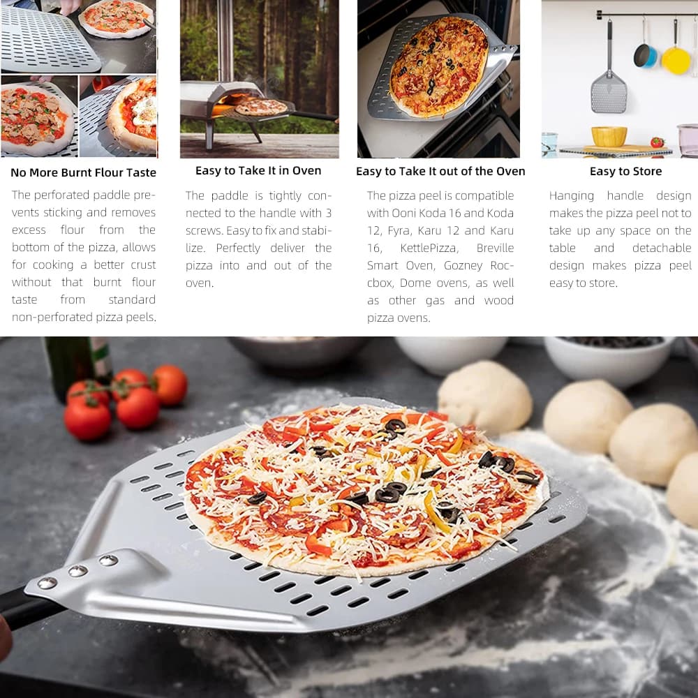 10 12 13 14 بوصة بيتزا كبيرة مجرفة مثقوبة مقبض قصير/طويل للفرن تحول قشر أواني المطبخ أدوات خبز البيتزا - 3