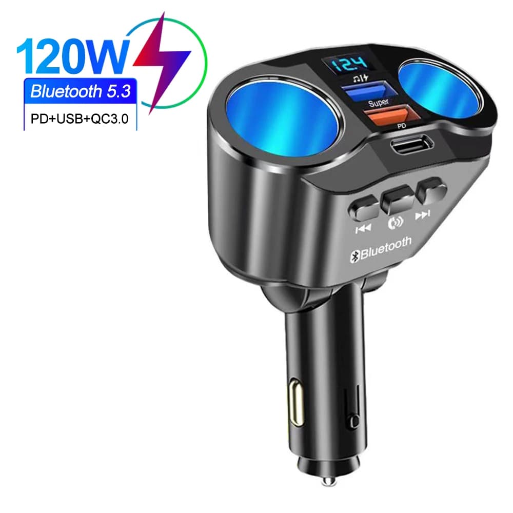 مرسل FM بلوتوث للسيارة مع ولاعة سجائر وشاحن مزدوج USB للشحن السريع، شاشة LED، متوافق مع 12V-24V