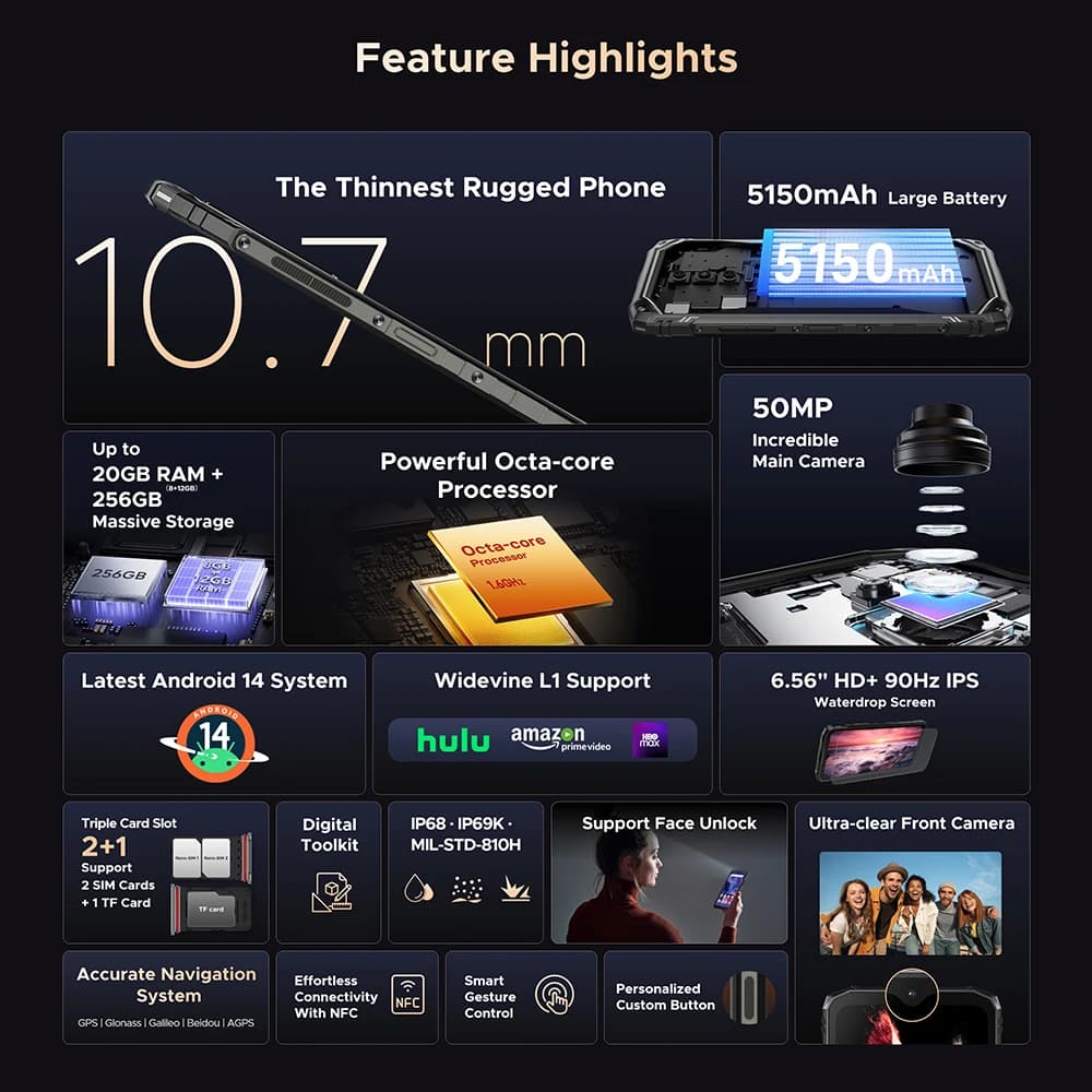 DOOGEE Blade 10 Ultra Smartphone 20GB(8+12) 256GB 50MP 10.7mm thin 6.56'' Display Rugged Cellphone NFC Android 14 Mobile Phone - 2