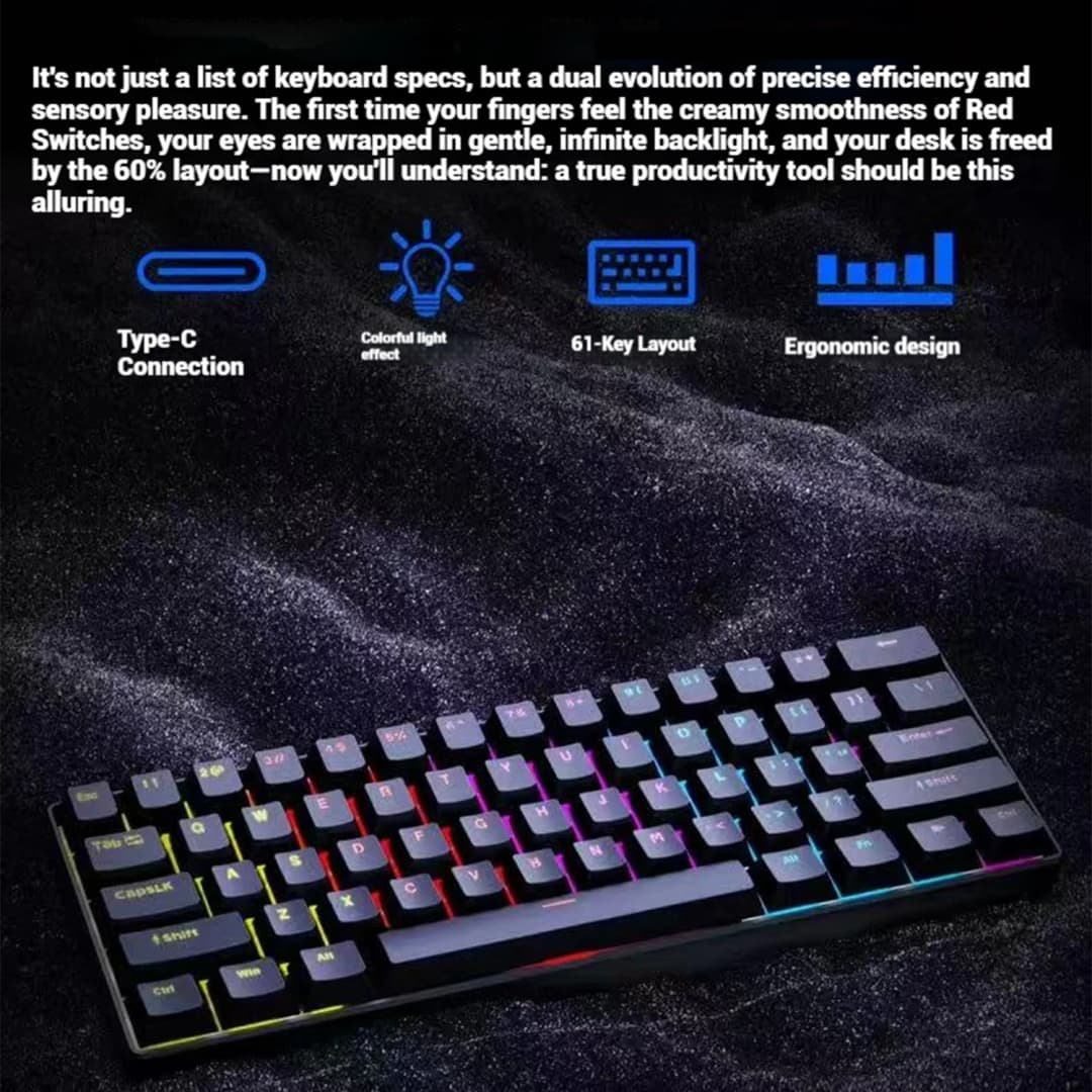 2026 New USB Gaming Mechanical Mini Keyboard Red Switch RGB Backlit 61 Keys Wired Feel for Game/Office - 3